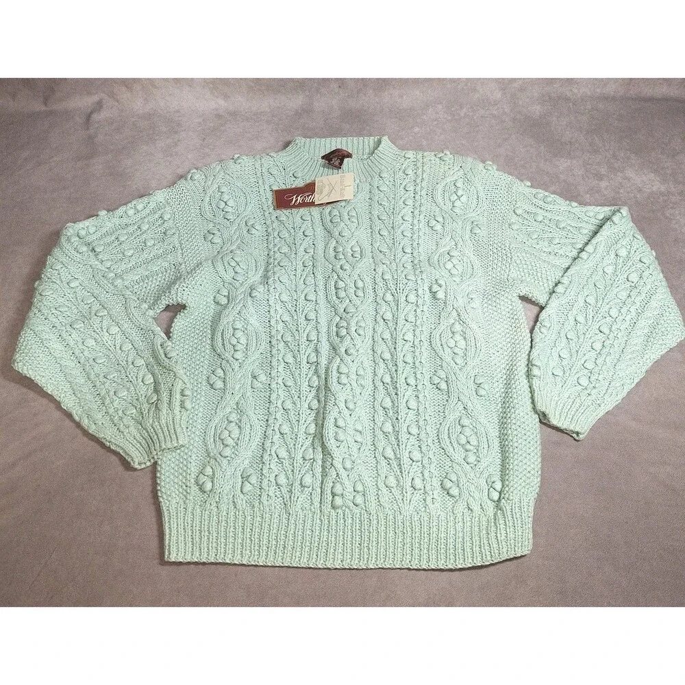 Vintage Worthington Large Blue Sweater Chunky Knit Cottagecore Shoulder Pads